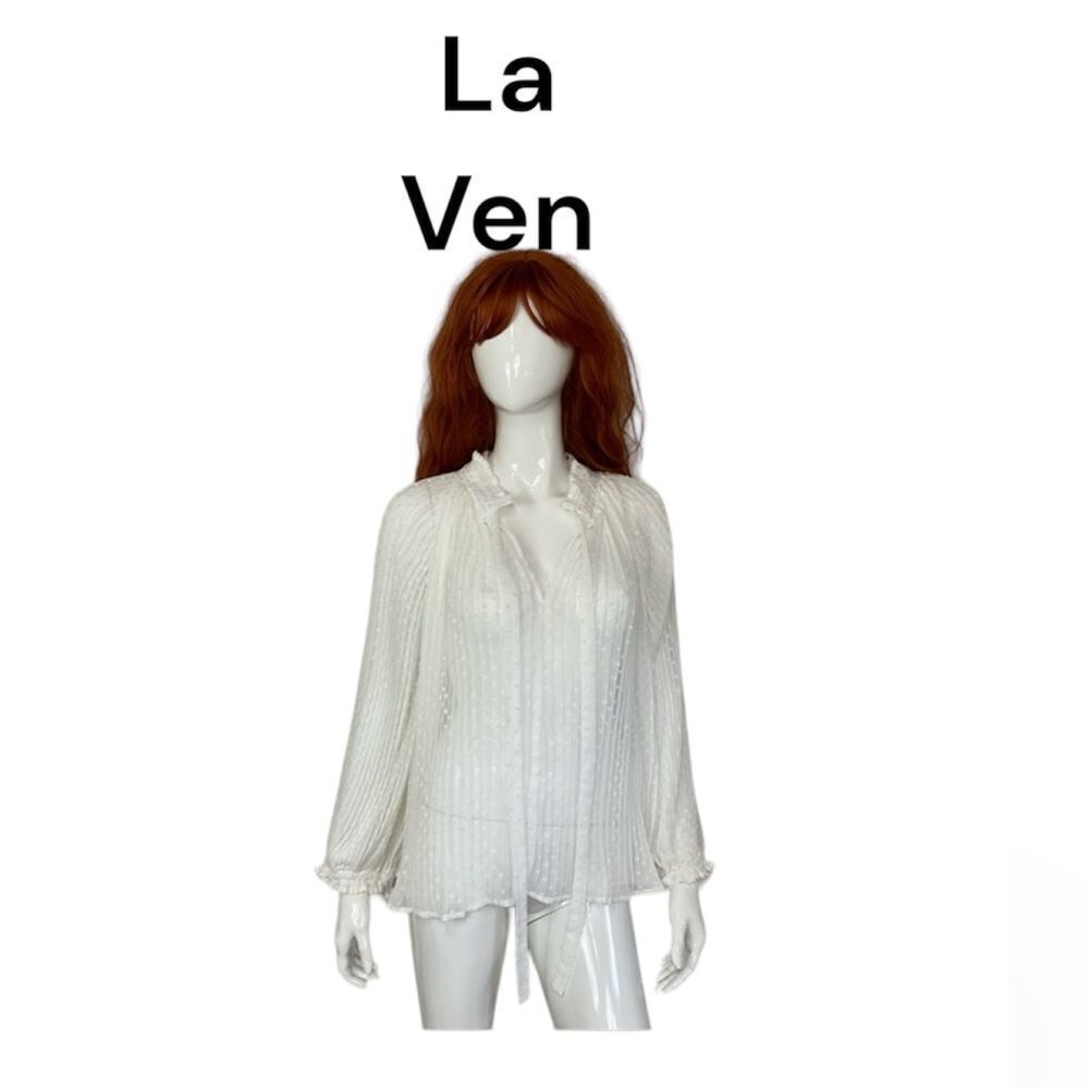 La Ven Womens Swiss Dot Bow Tie Neck Long Sleeve Pleated Blouse Top White Large